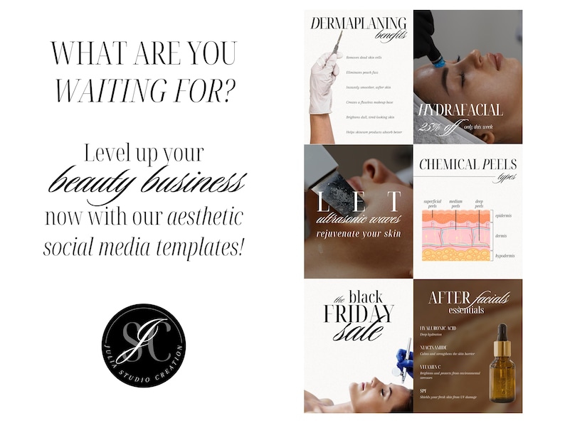 Closing graphic with: “Ready to boost your facial treatment bookings?” and message: “Download your skin clinic Canva kit now and transform your Instagram feed!” Thumbnail previews feature a variety of beauty content—from oxygen infusion and dermaplaning to Hydrafacial and RF lifting. Tailored for estheticians, salon owners, and medspa businesses growing their IG or Story presence.