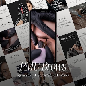 Plantillas de Instagram para cejas con maquillaje permanente, contenido para redes sociales sobre maquillaje permanente, diseños de Canva.