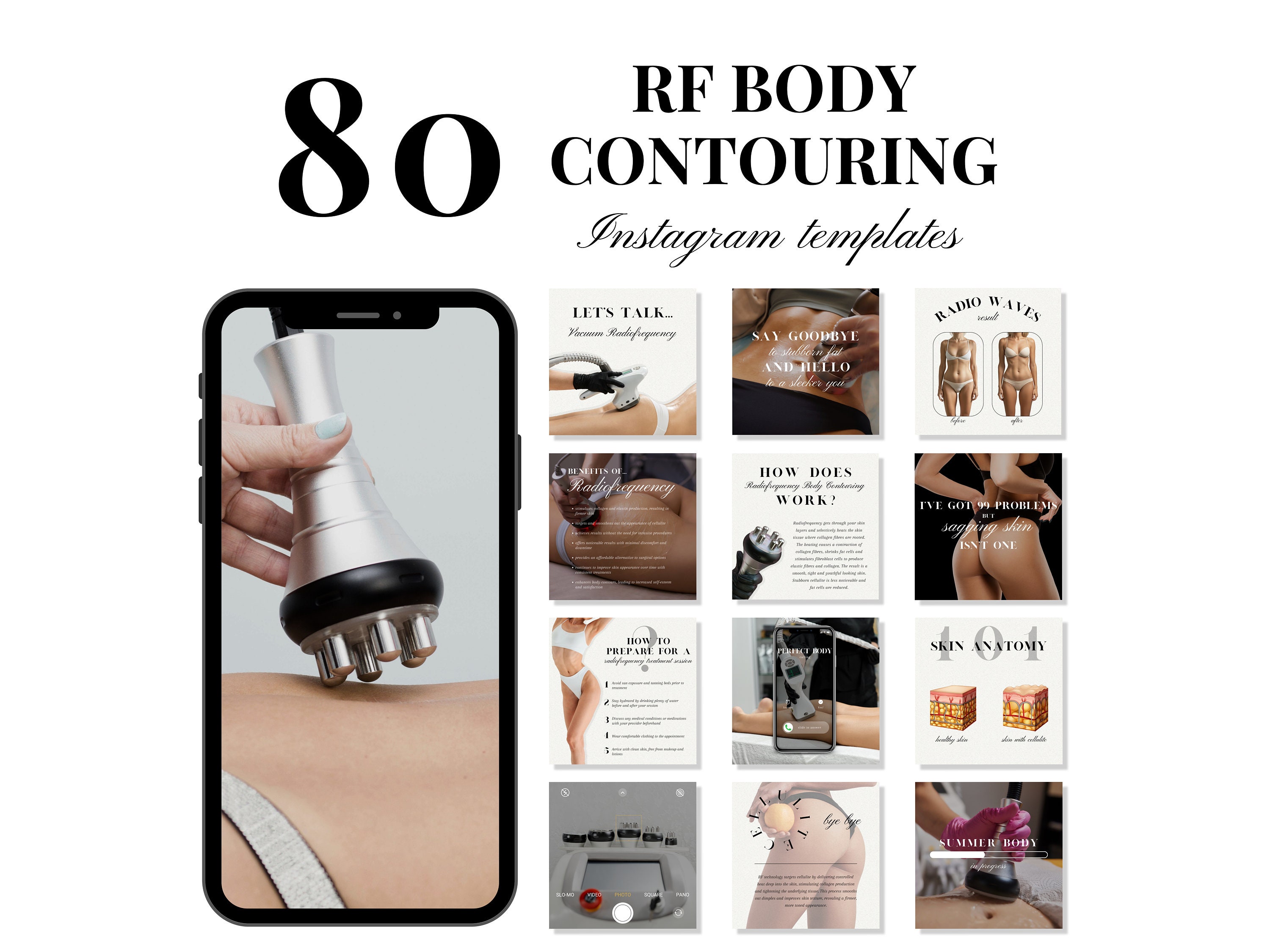 Radio Frequency Body Contouring Instagram Templates for Estheticians, Skin Tightening Social