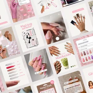 May include: A digital collage featuring multiple square panels showcasing manicured nails, nail polish bottles, beauty tools, and text overlays. The aesthetic is dominated by soft pink, white, and neutral tones, highlighting various nail art styles.