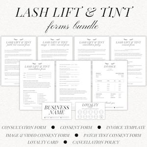 Formulieren voor wimperlifting en tinting voor Lash Tech, toestemmingsformulier wimper, sjabloon schoonheidsspecialiste, consultatieformulier, klantenkaart, factuursjabloon, bewerkbaar