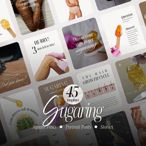 Könnte beinhalten: Eine Sammlung von fünfundvierzig digitalen Social-Media-Vorlagen für Sugaring-Haarentfernungsdienste. Die Vorlagen enthalten Text, Fotos von Zuckerpaste auf Holzspateln, Hautpflegebilder und Diagramme, die den Haarwachstumszyklus veranschaulichen.