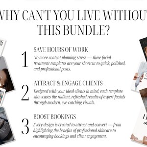 “Why You’ll Love This Bundle” graphic with three key points: 1. Save hours of content creation. 2. Elevate your skin clinic’s IG and feed. 3. Convert views into bookings. Visuals on both sides include thumbnails of facial treatment posts. Ideal for beauticians, cosmetic businesses, and medspa professionals marketing facial services like chemical peels, ultrasonic facials, and red light therapy.