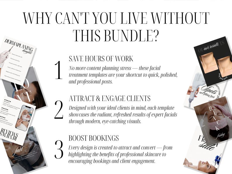 “Why You’ll Love This Bundle” graphic with three key points: 1. Save hours of content creation. 2. Elevate your skin clinic’s IG and feed. 3. Convert views into bookings. Visuals on both sides include thumbnails of facial treatment posts. Ideal for beauticians, cosmetic businesses, and medspa professionals marketing facial services like chemical peels, ultrasonic facials, and red light therapy.