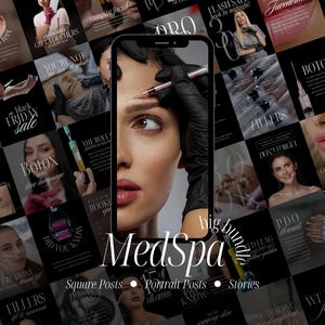 May include: A promotional image for a MedSpa, featuring a woman's face with a syringe, surrounded by square and portrait posts. The posts showcase services like Botox, fillers, and vampire facials, with text including "Black Friday Sale" and "Flash Sale".
