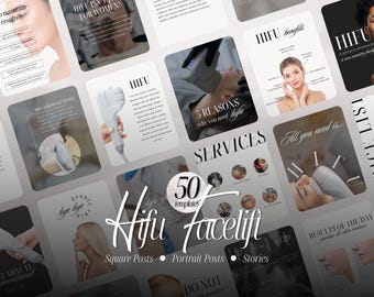 May include: A collection of fifty digital social media templates for HIFU facelift services, featuring various layouts with text, photography of facial treatments, and aesthetic design elements for square posts, portrait posts, and stories.