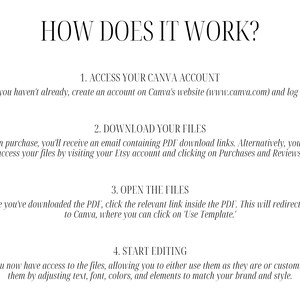 “How Does It Work?” explainer graphic walks you through the simple process: log into Canva, open the templates from the PDF link, edit your branding elements, and download ready-to-post visuals. Perfect for busy beauty professionals and marketing managers promoting services like ultrasonic facials, red light therapy, and HIFU facelifts on social media.