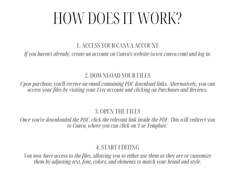 “How Does It Work?” explainer graphic walks you through the simple process: log into Canva, open the templates from the PDF link, edit your branding elements, and download ready-to-post visuals. Perfect for busy beauty professionals and marketing managers promoting services like ultrasonic facials, red light therapy, and HIFU facelifts on social media.