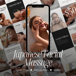 May include: A promotional image for Japanese facial massage services. The central focus is a smartphone displaying a woman receiving a facial massage. Surrounding the phone are various square posts, portrait posts, and stories promoting the service.