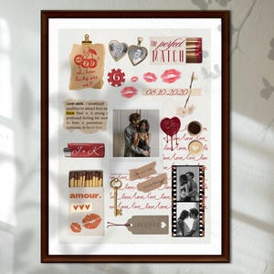 Könnte beinhalten: Eine gerahmte Collage mit romantischem Thema. Sie zeigt Fotos, Text und dekorative Elemente wie Herzen, Lippen und einen Schlüssel. Der Text enthält Sätze wie "amour" und "love" sowie das Datum "08.10.2020".