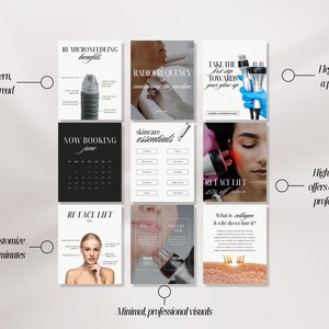 May include: A set of nine social media templates for skincare services featuring text overlays like RF Microneedling Benefits, Radiofrequency, Now Booking June, Skincare Essentials, RF Face Lift, and What is collagen. The graphics display beauty tools.