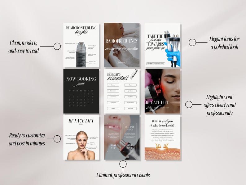 May include: A set of nine social media templates for skincare services featuring text overlays like RF Microneedling Benefits, Radiofrequency, Now Booking June, Skincare Essentials, RF Face Lift, and What is collagen. The graphics display beauty tools.