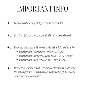 This “Important Info” graphic outlines licensing and usage: Personal use only. No physical product. Instant access to all templates in square, portrait, and story sizes. Easy to customize with Canva. Perfect for beauticians, medspa professionals, and cosmetologists promoting Instagram content around facial services, salon treatments, and skincare expertise.