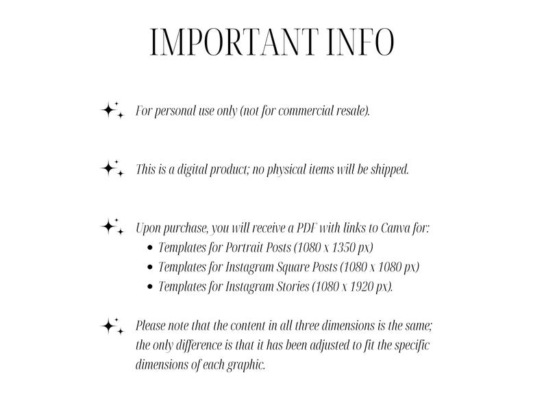 This “Important Info” graphic outlines licensing and usage: Personal use only. No physical product. Instant access to all templates in square, portrait, and story sizes. Easy to customize with Canva. Perfect for beauticians, medspa professionals, and cosmetologists promoting Instagram content around facial services, salon treatments, and skincare expertise.