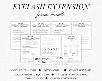 May include: A set of printable forms for eyelash extension businesses. The forms include a consultation form, consent form, image and video consent form, patch test consent form, loyalty card, and cancellation policy. The forms are black and white and feature a stylized eyelash design.