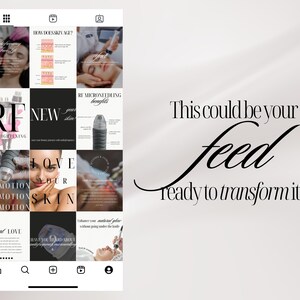 May include: A mobile phone screen displaying a social media grid of twelve aesthetic beauty and skincare posts featuring text overlays like RF Skin Tightening, Love Your Skin, and Microneedling Benefits. The text This could be your feed ready to transform it? appears on the right.