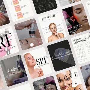 May include: A collection of social media graphics featuring radio frequency skin tightening treatments. The images display text overlays, skincare terminology, and photographic portraits of individuals receiving facial procedures with handheld devices.