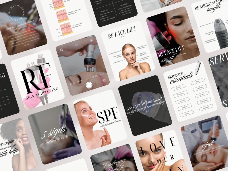 May include: A collection of social media graphics featuring radio frequency skin tightening treatments. The images display text overlays, skincare terminology, and photographic portraits of individuals receiving facial procedures with handheld devices.