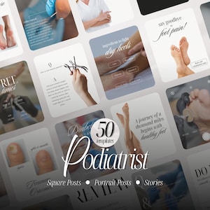 Peut inclure: Une collection de cinquante modèles numériques pour réseaux sociaux dédiés à la podologie, présentant diverses mises en page avec des textes comme Podiatrist, 50 templates et Pediatry Pedicure results, illustrant des soins des pieds.
