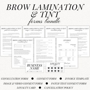 Formulieren voor wenkbrauwlaminering en tint voor klanten, sjablonen voor wenkbrauwtechnici, intakeformulier klant, toestemmingsformulier, klantenkaart, factuursjabloon
