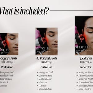 May include: A digital marketing template set titled What is included? featuring three image formats: 45 square posts at 1080x1080 px, 45 portrait posts at 1080x1350 px, and 45 stories at 1080x1920 px. Each shows a face receiving a red light RF face lift treatment.