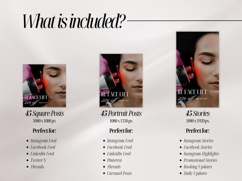 May include: A digital marketing template set titled What is included? featuring three image formats: 45 square posts at 1080x1080 px, 45 portrait posts at 1080x1350 px, and 45 stories at 1080x1920 px. Each shows a face receiving a red light RF face lift treatment.