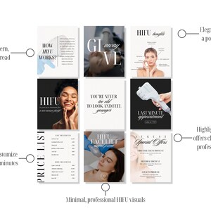 Showcasing our Instagram templates for HIFU specialists, designed to support beauty salons, medical spas, and cosmetology professionals with standout, branded content. This Canva kit includes graphics for treatment benefits, before-and-after inspiration, client testimonials, and FAQs—perfect for skin care businesses looking to scale their marketing strategy and reach their ideal audience with ease on IG.