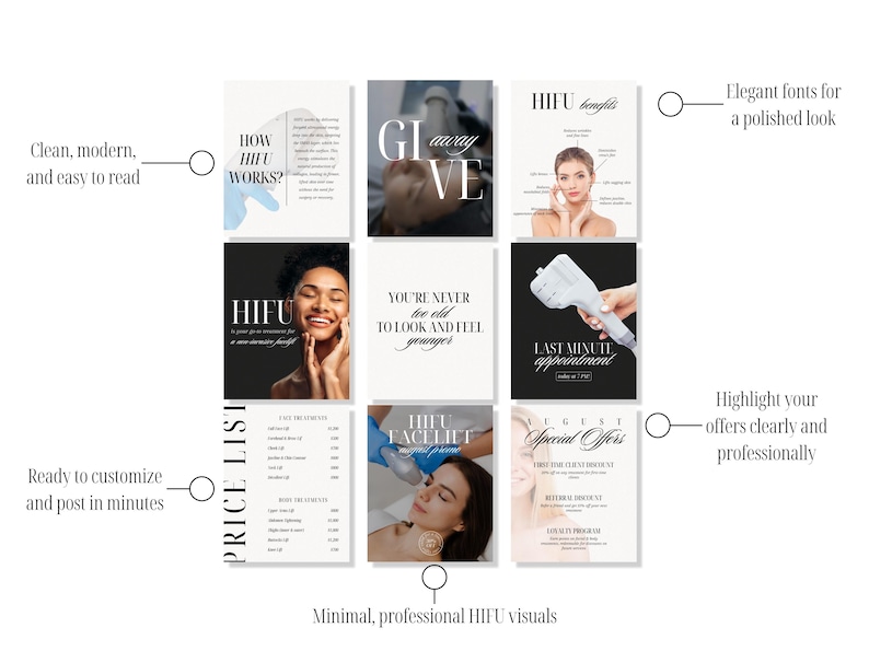 Showcasing our Instagram templates for HIFU specialists, designed to support beauty salons, medical spas, and cosmetology professionals with standout, branded content. This Canva kit includes graphics for treatment benefits, before-and-after inspiration, client testimonials, and FAQs—perfect for skin care businesses looking to scale their marketing strategy and reach their ideal audience with ease on IG.