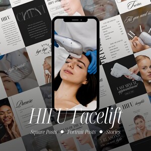 Preview this high-performance HIFU Facelift Instagram Template Kit made for medspa professionals, estheticians, and beauty clinics. This Canva bundle includes 50 square posts, 50 portrait graphics, and 50 IG stories—perfect for promoting non-surgical facelift services, skin tightening, and high-intensity focused ultrasound treatments. Ideal for solo providers or spa teams, these customizable templates help boost your Instagram presence while maintaining a sleek, professional feed.