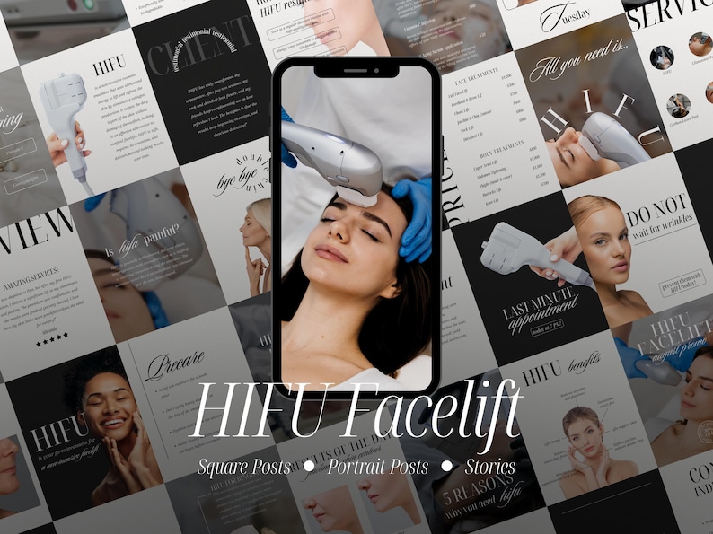 Preview this high-performance HIFU Facelift Instagram Template Kit made for medspa professionals, estheticians, and beauty clinics. This Canva bundle includes 50 square posts, 50 portrait graphics, and 50 IG stories—perfect for promoting non-surgical facelift services, skin tightening, and high-intensity focused ultrasound treatments. Ideal for solo providers or spa teams, these customizable templates help boost your Instagram presence while maintaining a sleek, professional feed.