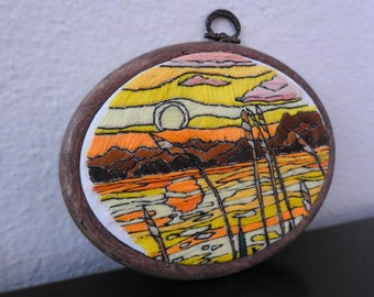 Sunset Embroidery, Hoop Embriodery Art, Landscape Embroidery, Wall Original ArtworlSunrise Thread Painting, Gift to Mom, Finished Embroidery