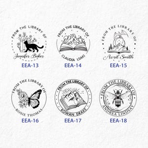 May include: Six black and white illustrations of book stamps with different designs. Each stamp features the text "From the Library of" and a name. The designs include a cat with books, mountains, a dragon, a butterfly, a sun, and a bee.