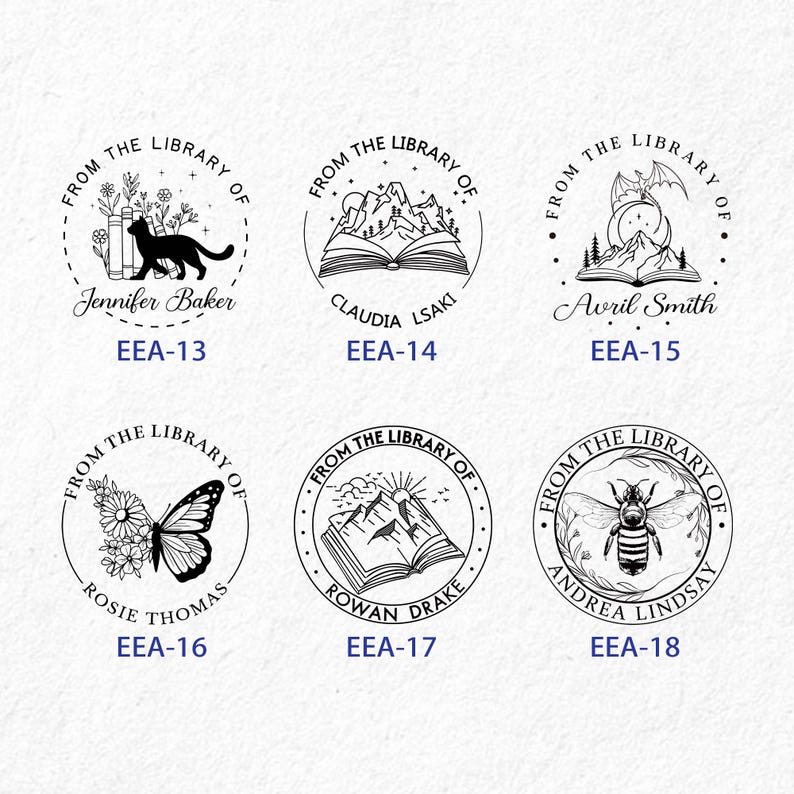 May include: Six black and white illustrations of book stamps with different designs. Each stamp features the text "From the Library of" and a name. The designs include a cat with books, mountains, a dragon, a butterfly, a sun, and a bee.