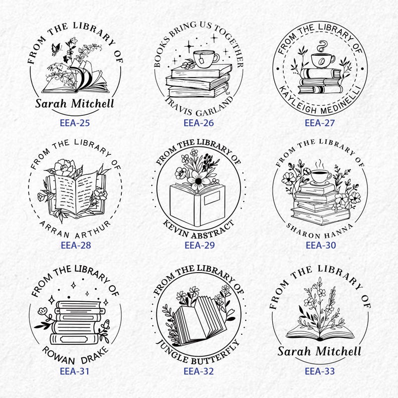 May include: Nine black and white circular rubber stamps with different designs featuring books, flowers, and coffee cups. Each stamp has text that reads "From the Library of" and a name below. The text "EEA-25" through "EEA-33" is below each stamp.