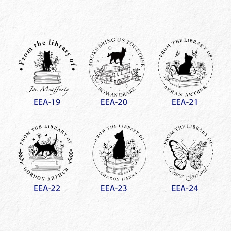 May include: Six black and white circular rubber stamps with different designs. Each stamp features a book stack, flowers, and a different animal or design. The stamps are labeled with the text "From the library of" and a name. The text "EEA-19" through "EEA-24" is below each stamp.