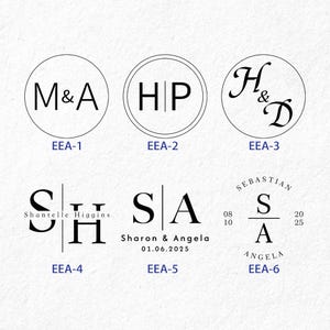 May include: Six different monogram designs for wedding invitations or other stationery. The designs feature various letter combinations and styles, including initials, full names, and decorative flourishes.