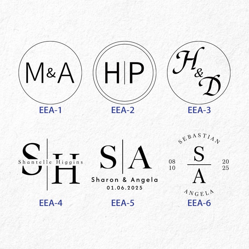 May include: Six different monogram designs for wedding invitations or other stationery. The designs feature various letter combinations and styles, including initials, full names, and decorative flourishes.