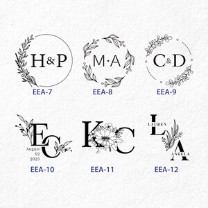 May include: Six different black and white monogram designs with floral wreaths. The monograms include the initials H&P, M.A, C&D, E.C, K.C, and L.A. The initials E.C are accompanied by the text "August 02 2025".