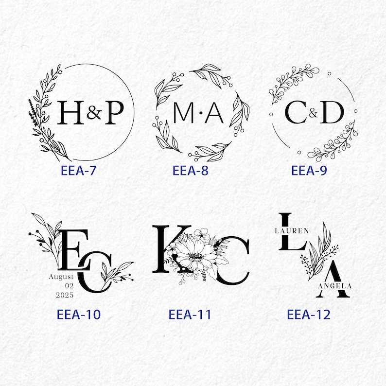 May include: Six different black and white monogram designs with floral wreaths. The monograms include the initials H&P, M.A, C&D, E.C, K.C, and L.A. The initials E.C are accompanied by the text "August 02 2025".