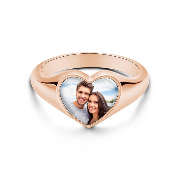 Personalized PHOTO RINGS for WOMEN, Heart-shaped Custom Ring for Mom, Picture Ring Memorial Rings for Christmas Mothers Day, Photo Jewelry