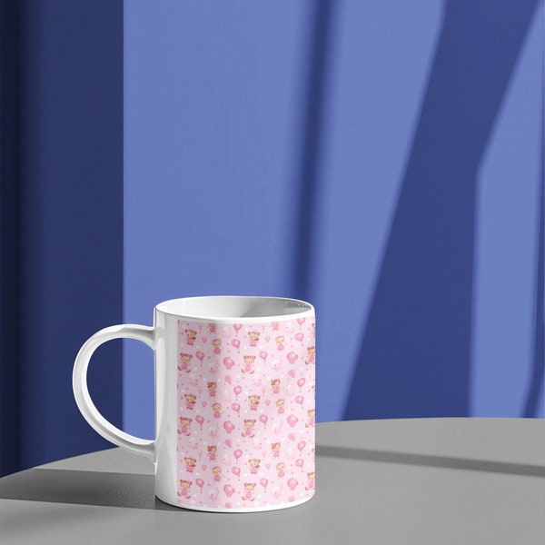 Taza rosa de 11 oz con diseño para baby shower: Perfecta para celebrar la llegada de una niña con estilo.