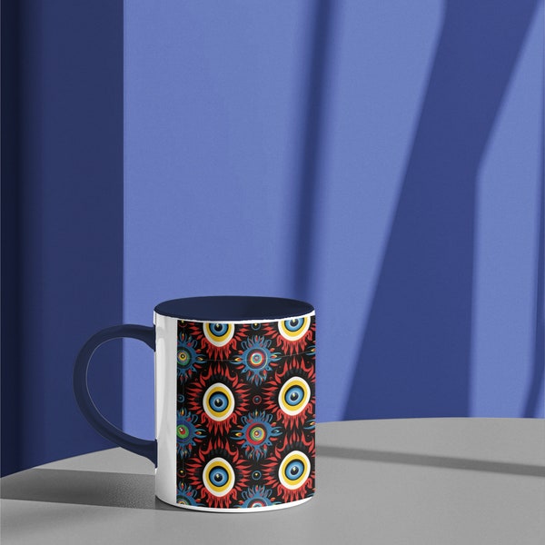 Taza 11oz colorida con haza a color, Diseño de ojos turcos para añadir protección a tu vida, recipiente original esotérico para café y té.