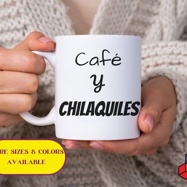 Regalo para amantes de los chilaquiles, taza negra, frase "Café y Chilaquiles". Es una combinación clásica cuando disfrutamos del desayuno