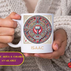 Aztec calendar mug with Thor’s hammer. Perfect gift for mythology lovers & thunder god fans. Customizable design. Mug for coffee and tea