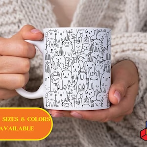 Divertida taza minimalista con garabatos de animales, gran regalo para tu amigo que ama los gatos y los dibujos geniales, taza de café con estampado de arte moderno