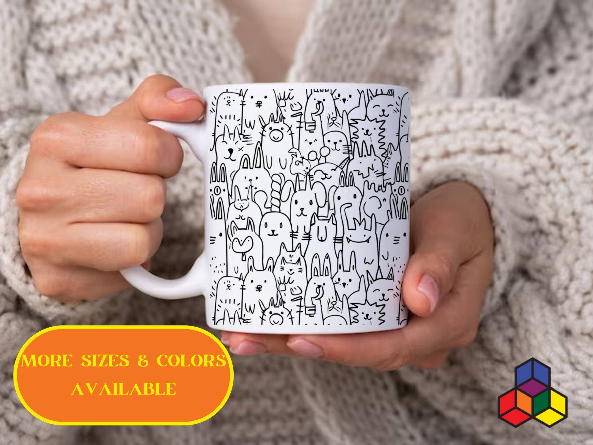 Fun minimalistic mug with doodles of animals, great gift for your friend that loves cats and cool drawings, coffee mug with modern art print