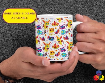 Taza con hermoso diseño de alebrijes muchos colores, regalo para los amantes de lo colorido y de los alebrijes, recipiente con diseño alegre