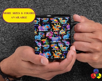 Taza con divertido diseño colorido de alebrijes, regalo para los amantes de estas artesanias mexicanas, recipiente histórico y colorido.