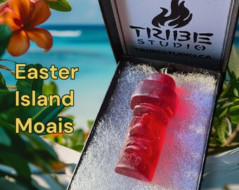 Funkelnde Osterinsel-Kopf-Halskette – Verstellbares Band, Tiki-Anhänger, Moai-Motiv in Jade-Optik