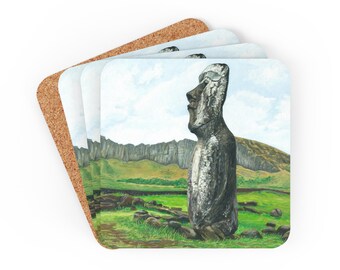 Tiki Bar-underlägg: Moai-konst på Påskön, med korkbaksida (4-pack)